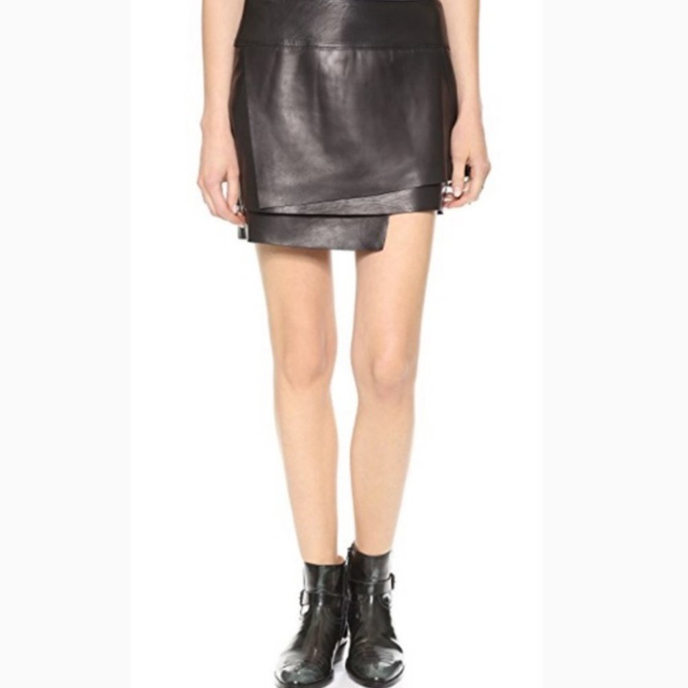 HELMUT LANG LAMBSKIN LEATHER PANELED TIERED BLACK MINI SKIRT NWT S M 6 8 28" 29" - Picture 2 of 7